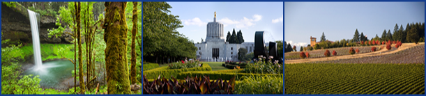 Images of beautiful Oregon State, including Silver Falls, the State Capitol, and a Winery